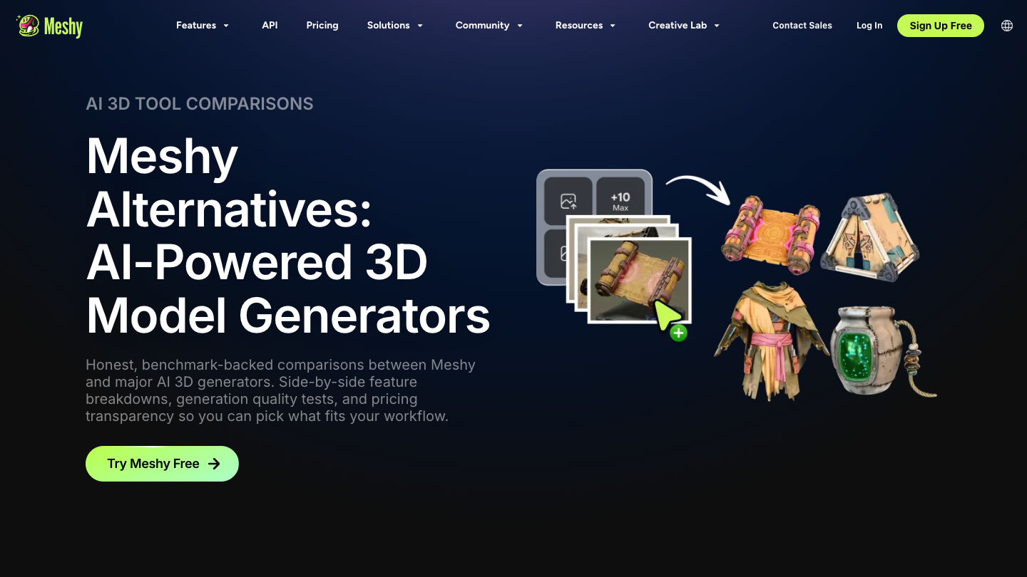 Official Meshy alternatives page comparing AI-powered 3D model generators