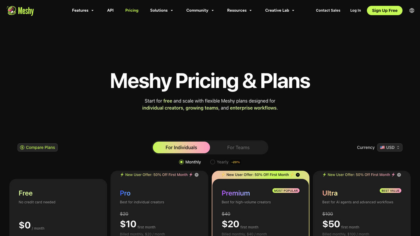 Official Meshy pricing page showing Free, Pro, Premium, and Ultra plan cards