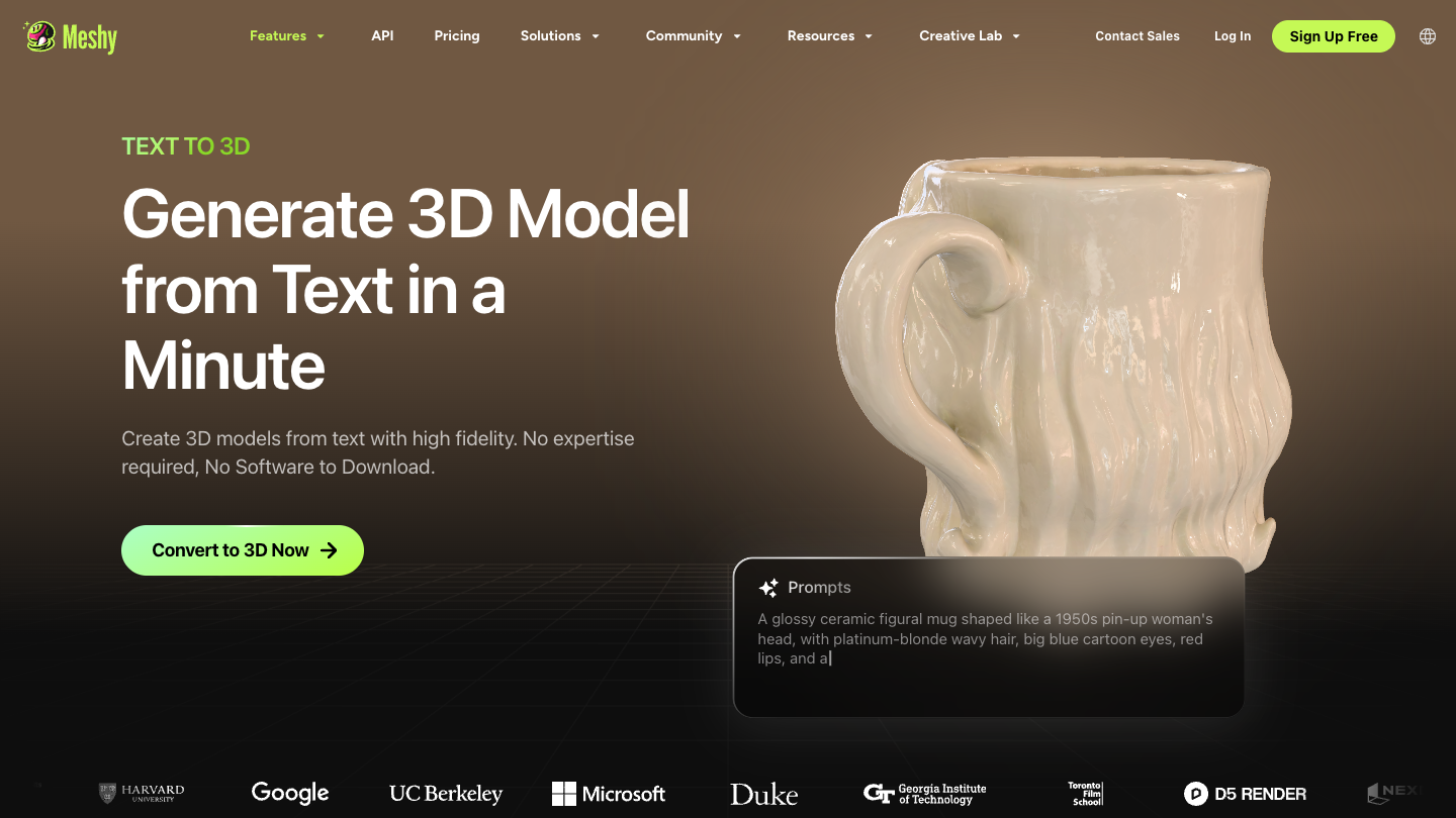 Official Meshy text-to-3D page showing a prompt-driven 3D model generation workflow